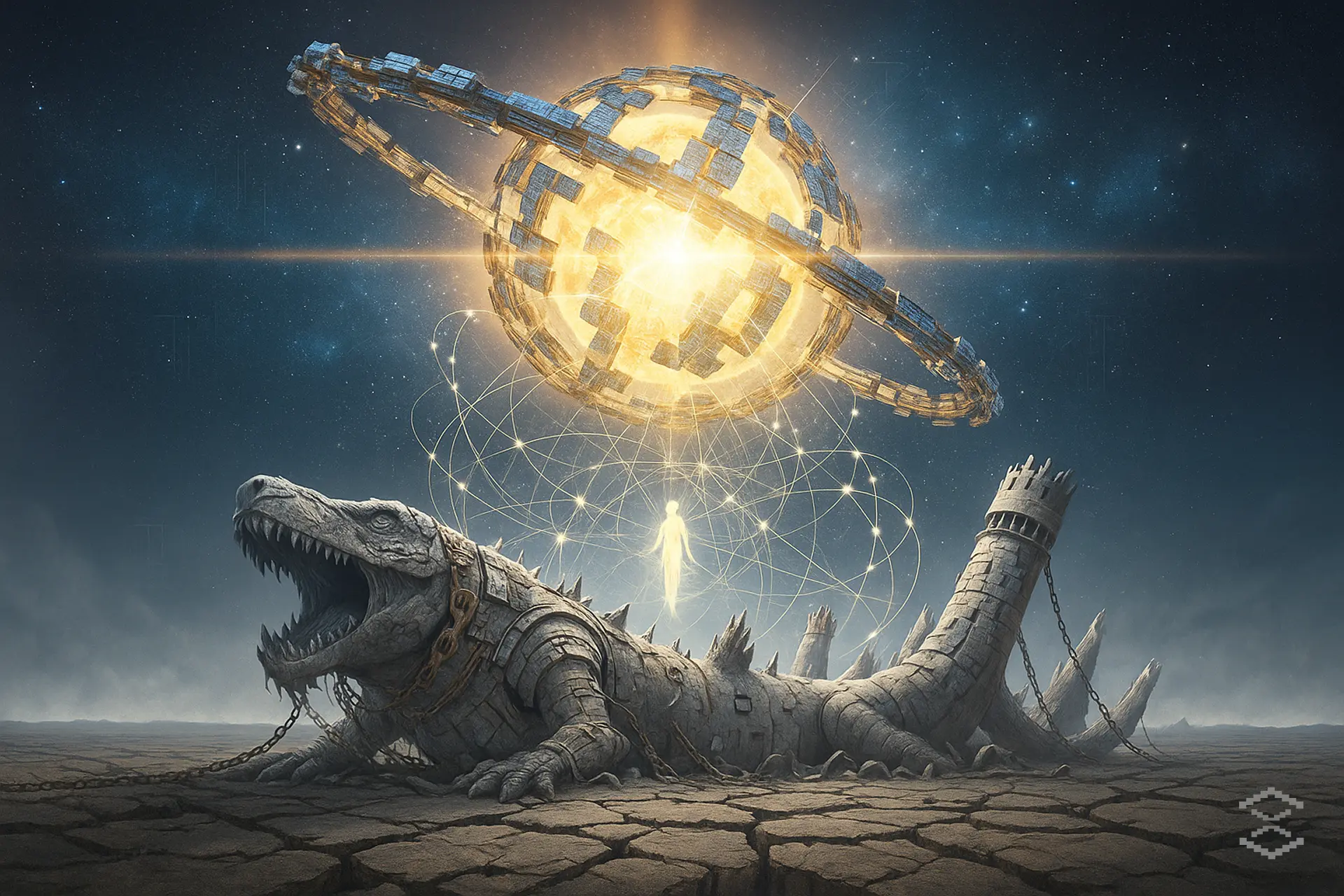 Symbolic image of a Dyson Sphere above a chained stone Leviathan