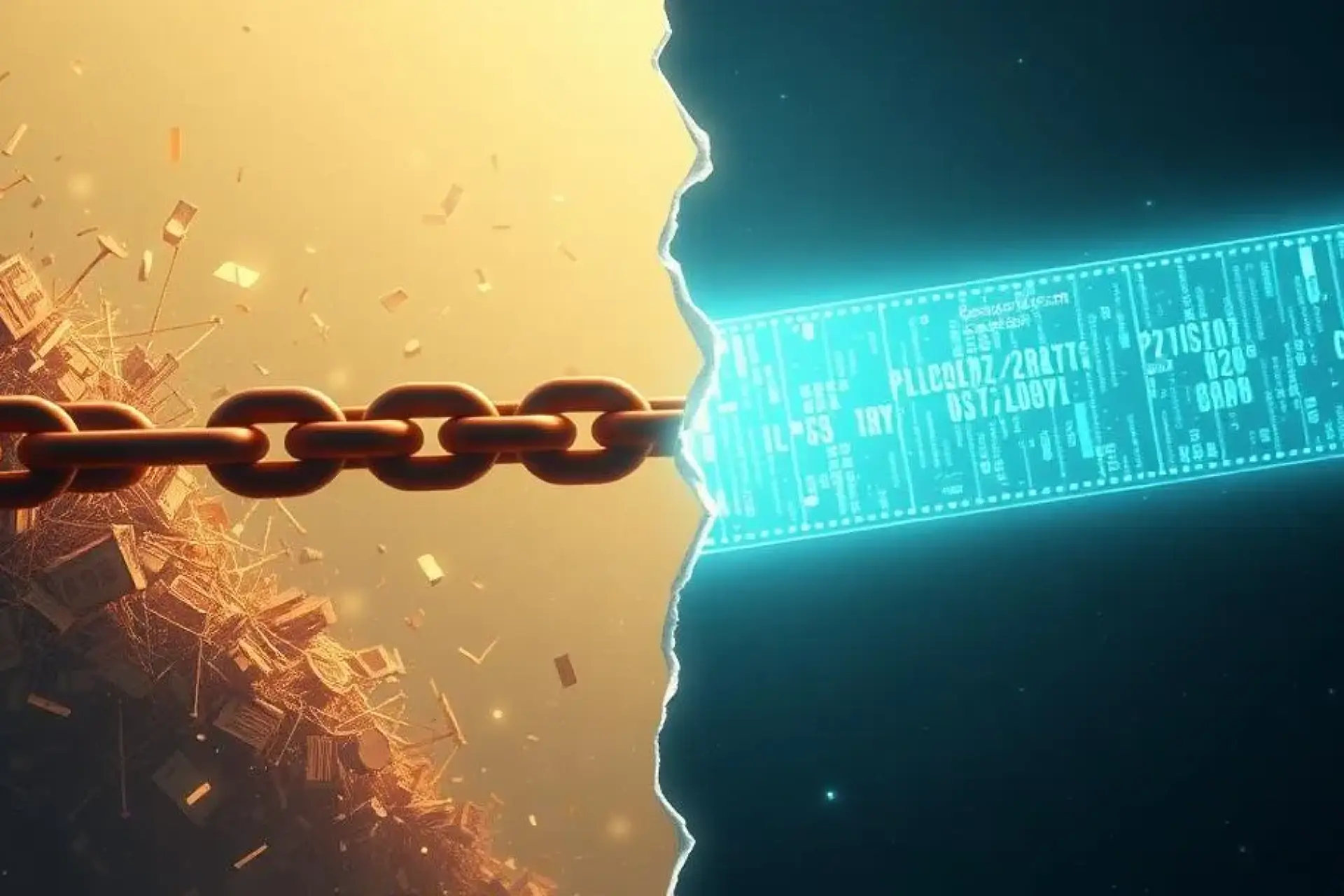 Illustration of a metal chain transforming into digital blockchain code, symbolizing the transition from physical to digital systems.