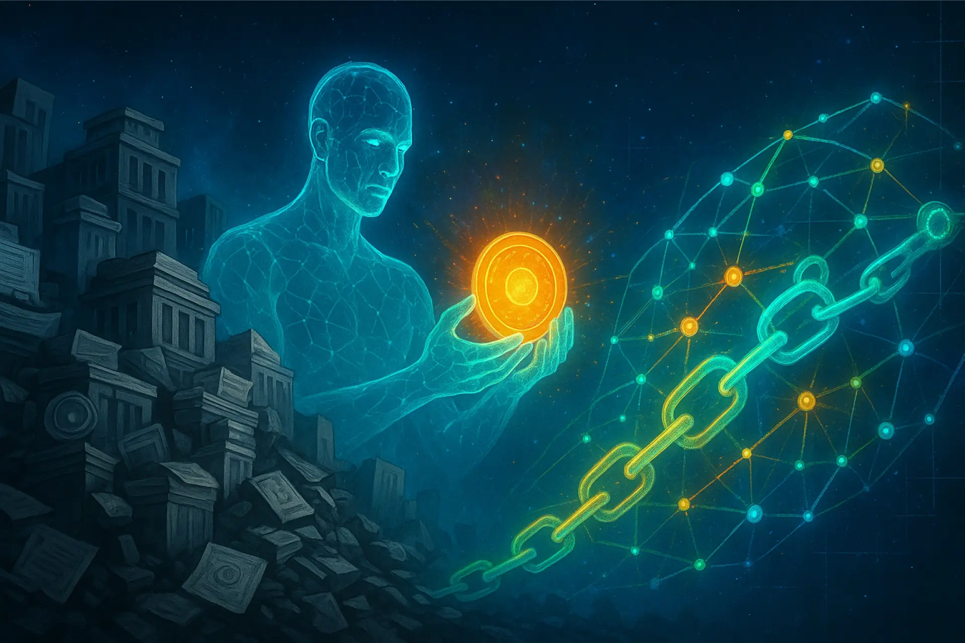 Digital figure holding glowing coin with blockchain chain and nodes.