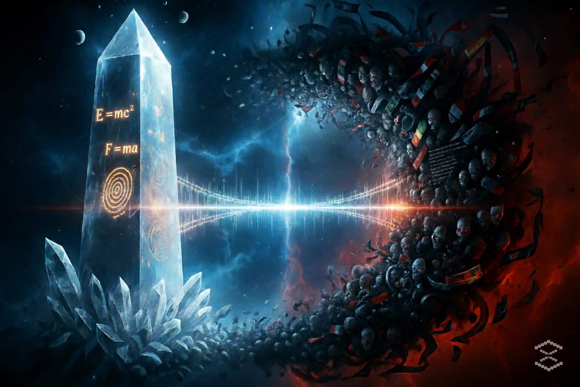 A symbolic painting contrasting the calm, blue world of science on the left with the chaotic, red world of politics and mobs on the right, divided by a glowing chain.